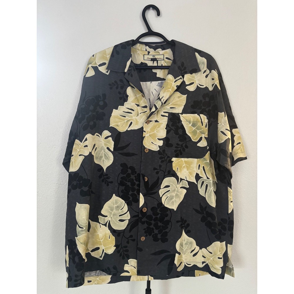 Tommy Bahama‎ Mens Silk Camp Shirt Medium Black Yellow Monstera Tropical Floral